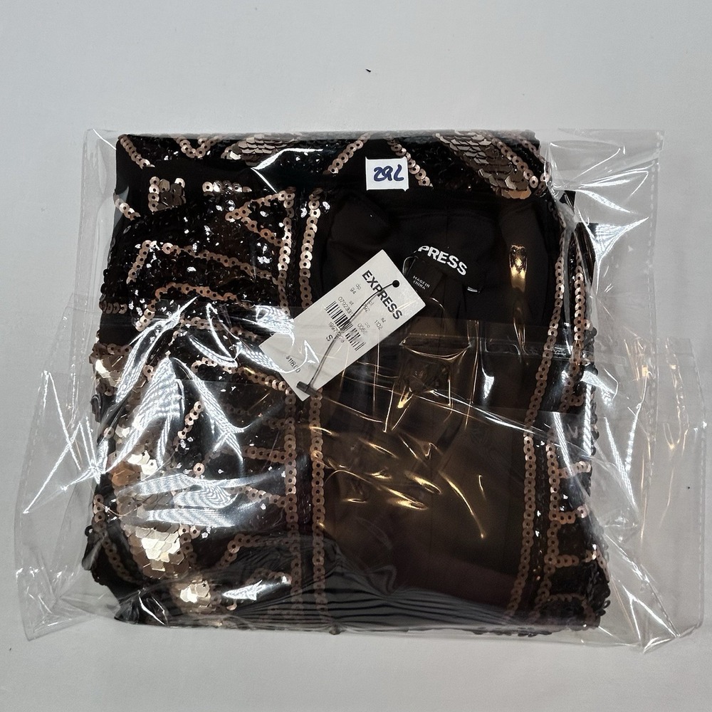 NEW EXPRESS Black Gold Sequin Geometric Bodycon Dress S Glam Holiday Party $118 - Picture 14 of 16